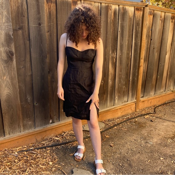 Reformation Black Linen Mini Dress with Slit and Tie Straps - Picture 2 of 10